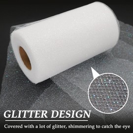 Glitter Tulle Fabric, 6" x 50 Yards (150ft) Sparkle Tulle Roll for Tutu Gift Wrapping Wedding Decoration DIY Crafts Party Backdrop (White)