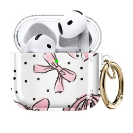 Compatible with AirPods 4 Case 2024 - Transparent TPU Cover with Gold Keychain & Wireless Charging (Cute Bow tie dot)