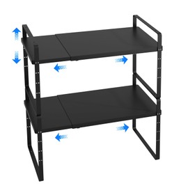 KIKIBRO Expandable Cabinet Shelf Organizer, Stackable Kitchen Pantry Counter Storage, Adjustable Closet Cupboard Stand Rack Risers Spice Organization 80LBS Heavy Duty Black 2 Pack