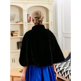 Aukmla Faux Fur Wrap Bridal Wrap Stole Wedding Fur Shrug Faux Fur Cape with Stunning Rhinestones Brooch (Black)