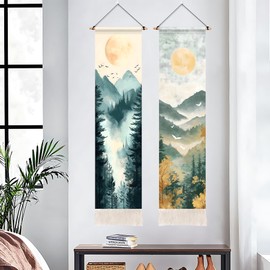 BVBOX Pack of 2 Tapestry Moon and Sun Vertical Tapestries,Landscape Flower Aesthetic Long Tapestry for Living Room and Bedroom Wall Decor 13" Wx51 H
