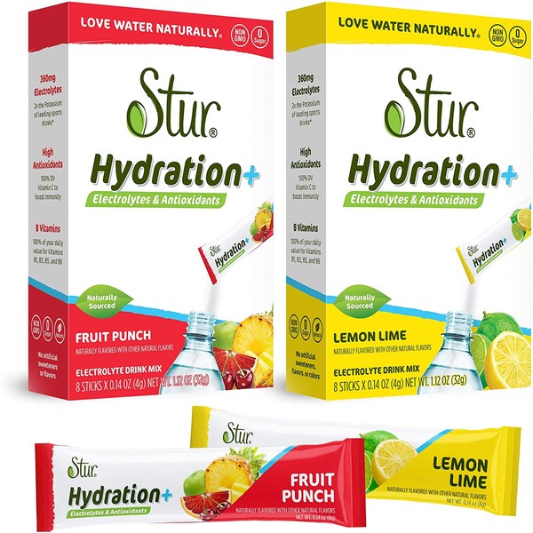Stur Electrolyte Hydration Powder, High Antioxidants, B Vitamins, Sugar Free, Non-GMO | for Daily Hydration, Workout Recovery, Wellness & More | Naturally Delicious (Variety, 32 Packets)