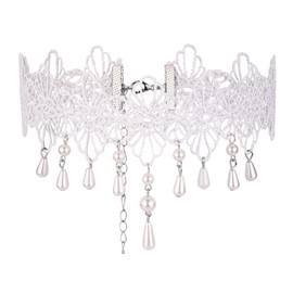 CHIC DIARY Gothic Lace Choker for Girls Women, White Lolita Lace Collar with Beads Dangle, Vintage Necklace Lace Collar Pearl Collar for Carnival Fancy Dress, Acrylic, Pearl