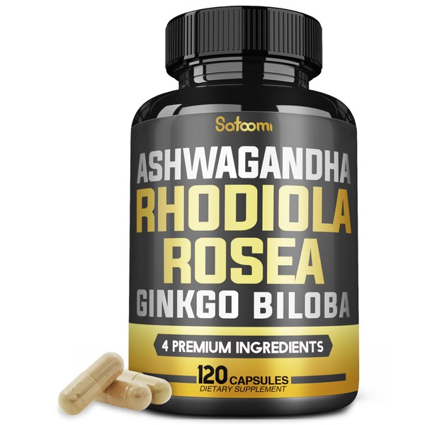 6050mg Rhodiola Rosea Supplement with Ashwagandha Root, Ginkgo Biloba & Black Pepper - Brain Health, Immnue System, Balanced Mood, Energy Production - 120 Capsules for 2-Month Supply