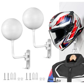 SNAGMO White 180° Motorcycle Helmet Rack, Rotation Metal Helmet Holder Wall Mount, Helmet Holder Bike with 2 Hooks Helmet Hanger for Motorcycle Bike Coats, Caps, Baseballs, Rugby Helmet (2 pcs)