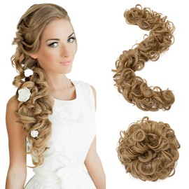 S-noilite Messy Bun Haarteil Lang Scrunchy DIY Wrap Around Touseld Updo Haarverlängerungen Ponytail Curly Haarteile, 80cm Wavy Donut Chignons für Frauen 85g,Goldbraun