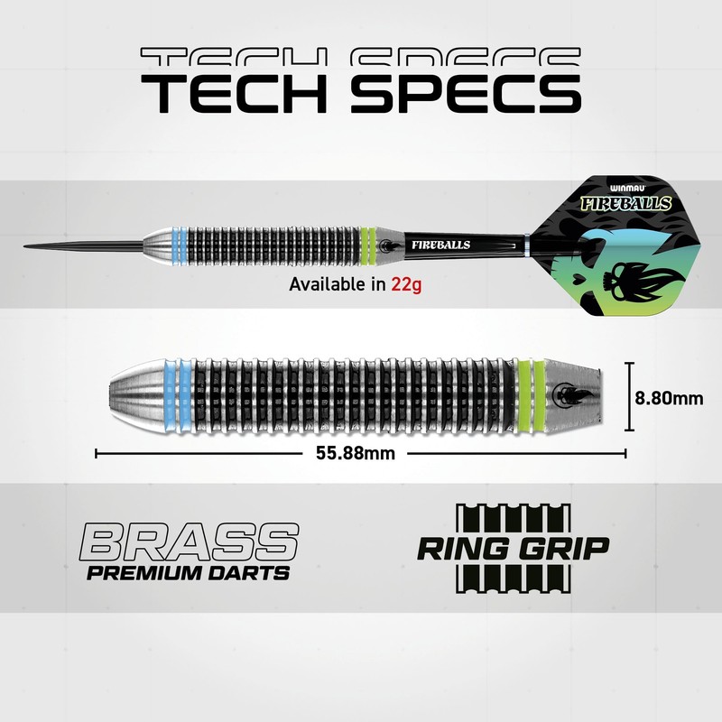 WINMAU Darts Fireball 22g Brass Steel Tip Darts Set with