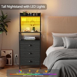 Furologee 44'' Tall Nightstand with Charging Station, Bedside Table with LED Lights, End Table with 3 Drawers and Storage Shelves, Night Stand with Pegboard for Bedroom, Black Oak