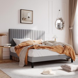 SHA CERLIN Full Upholstered Platform Bed Frame with Vertical Channel Tufted Velvet Fabric Adjustable Headboard, Wooden Slats Support, Mattress Foundation, Box Spring Optional, Grey