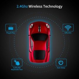 BKLNOG Sports Car Computer Mouse [Updated] with LED Headlights, 1600 DPI 2.4 GHz Wireless Mouse for PC & Mac, Red