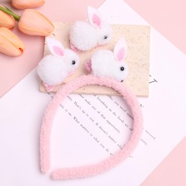 HIFANMM Easter Headbands Hair Clips, 1 Bunny Hair Bands and 2 Bunny Hairpins, Cute Plush White Rabbit Pink Tail Hair Accessories Easter Day Decoration Headdress Party Supplies Gift Hair Hoop