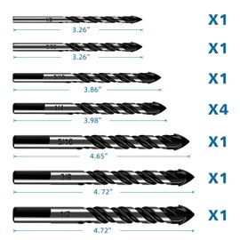 10-Piece Masonry Drill Bit Set for Concrete Tile Glass Ceramic Brick,1/8 to 1/2 Inch Drilling Bits with Triangle Handle,Tungsten Steel Alloy Tip.（Black）