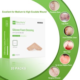 NeuHeils Silicone Foam Dressing with Gentle Border 3''x3'', 20 Packs for Bed Sore Pressure Ulcer, High Absorbency Waterproof Silicone Wound Bandage Patch