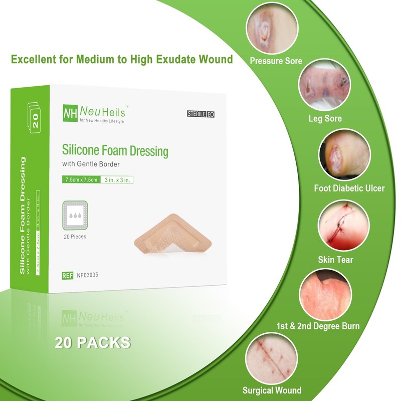 NeuHeils Silicone Foam Dressing with Gentle Border 3''x3'', 20 Packs