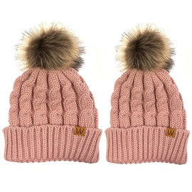 ALLYDREW Mommy & Me Mother Child Winter Warm Soft Knit Beanie with Pom Pom, Mommy & Me Pink Beanie,One Size