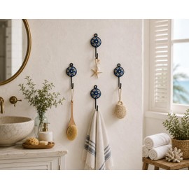 ARTNCRAFT Set of 4 Green and White Ceramic, Vintage Shabby Chic Look Coat Hanger, Clothes, Jewelry and Key Hooks for Wall or Door, Beautiful Hangers for Project in Green Small Round
