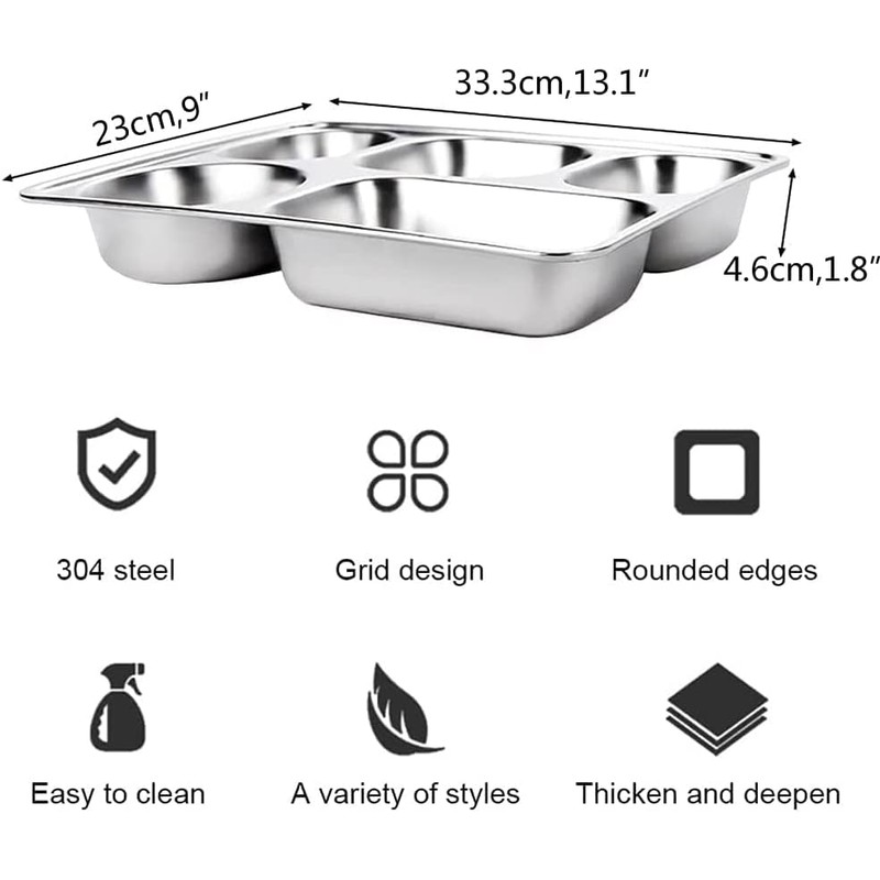 AIYoo Large 13 inches Stainless Steel Rectangular Divided Plates,5 Sections