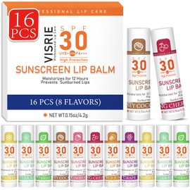 VISRIE Spf 30 Bálsamo Labial Con Protector Solar, Bálsamo Labial Spf Bulk Travel Tamaño-16 Paquete, Paquete De Bálsamo Labial Hidratante Con Vitamina E Y Aceite De Coco- 8 Sabores