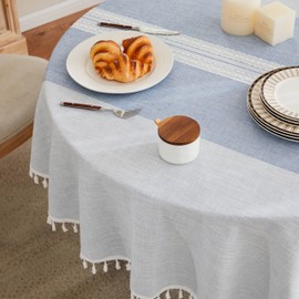 ZeeMart Contrast Linen Round Tablecloth 60 Inch Mid-Stripe Blue, Farmhouse Style Round Table Cloth Heavy Weight Dusty Blue Tablecloths, Water Resistant Burlap Table Cloths