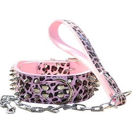 haoyueer 2 inches Wide Leather Spiked Studded Dog Collar+Chain Leash Set Heavy Duty Fit Pitbull, Bulldog, Doberman(Leopard,M)