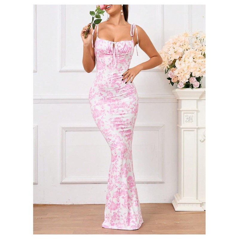 Milumia Women's Floral Tie Shoulder Maxi Dress Elegant Ruched Bust