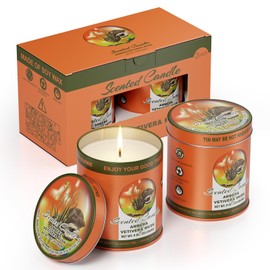 Amber & Vetiver & Musk Scented Candles Set | 2Pack 510g 8% Essential Oil,80H Burn Time | Pure Soy Wax Aromatherapy Jar Tin Candle for Relaxation, Sleep | Colorful Packaging Home Gift for Men&Women