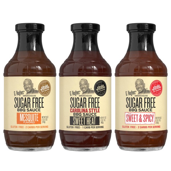 G Hughes Sugar Free, Mesquite, Sweet Heat, Sweet & Spicy BBQ Sauce Variety Pack - Gluten Free Sauces, Sugar Free BBQ Sauces, Keto-Friendly Sauces - 18 Oz (3-Pack)