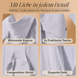 Mababu Children's Bathrobe with Hood, Soft Muslin Cotton, Children's Bathrobe for Girls and Boys, Oeko-Tex Standard 100, Sizes from 1 to 6 Years, 4 Colours, Ecru - Grey