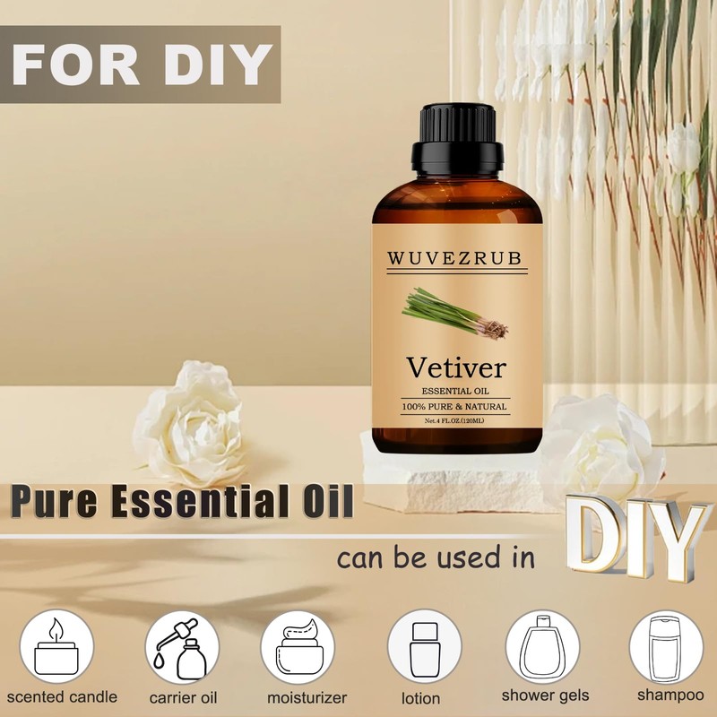 Wuvezrub Vetiver Essential Oils Organic, 120ML Pure and Natural Vetiver