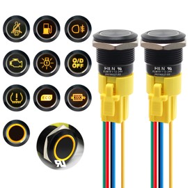 FILN 2PCS 19mm (3/4'') Latching Push Button Switch Latching 12V 24V DC on-Off with LED Symbol Head for mounting Hole 1NO1NC with Wire Socket Plug Black Plated Latching(Black Plated Latching Yellow)