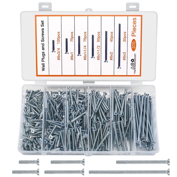 370 Pcs Electrician's Machine Screw Kit, Flat Head Cross Head
