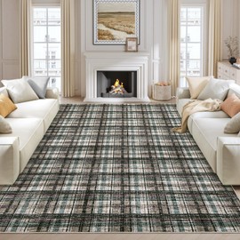 GarveeHome Washable Living Room Rugs 8x10 Large Modern Plaid Area Rug with Non-Slip Backing, Stain-Resistant Farmhouse Floor Cover, Soft Low Pile Accent Carpet for Dining Room, Blue Green Brown