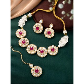 Aheli Gold Plated Rani Pink Kundan Beads and Synthetic Stone Studded Necklace Earrings & Maangtikka Set Ethnic Fashion Jewellery Gift for Women