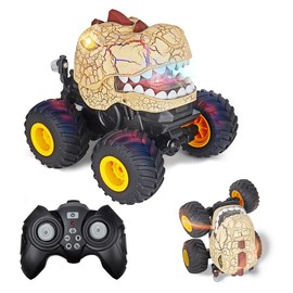 Dinosaur Remote Control Car, Light & Sound,360° Rotating RC Car Dinosaur Truck Toys with Spray,Remote Control Car,RC Truck,2.4GHz All Terrain RC Cars for Boys Age 4-7, Birthday Gifts for Kids 3-5 6 7 8-12 All Terrain Indoor/Outdoor - Color: Brown