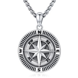 Eusense Compass Necklace 925 Sterling Silver Compass Pendant Chain Gifts for Father's Day Graduation Gift Jewellery for Men Women, Sterling Silver, No Gemstone