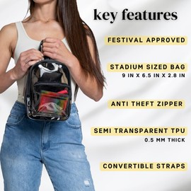 OTW Anti-Theft Black Clear Transparent Small Mini Backpack Convertible Straps Crossbody for Raves Stadium Festival Concert (Mini - Black)