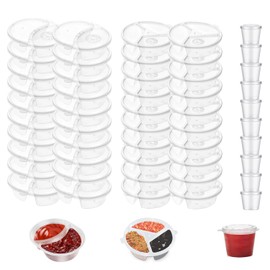 50 Pcs Snack Containers with Lids,Double Compartment Condiment Container,3 Compartment Sauce Container Transparent Plastic Dipping Containers for Snacks,Sauces,Travel, Sampling, and Outdoor Meals