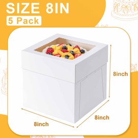 Hoewina 5 Pack Cake Boxes 8 Inch, 8x8x8 Inches Tall Cake Large Box, Disposable Cakes Transport Containers with Lids, Bakery Boxes with Large Window, for Cookies Pies Cupcakes Pastry-Wedding, Birthday, Party