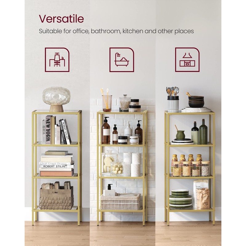 VASAGLE Bookcase, 4-Tier Bookshelf, Slim Shelving Unit for Bedroom, Bathroom,