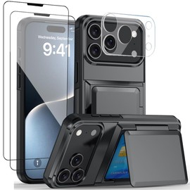 BOASYZO for 17 Pro Max Case with Card Holder, Credit Card Slot Military Grade Protective Shockproof Case Come with 1Lens Protector & 2 pcs Screen Protectors (Black)