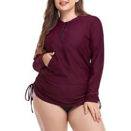Halcurt Plus Size Swimsuit for Women Half Zip Rash Guard Long Sleeve Swimwear 1X Burgundy