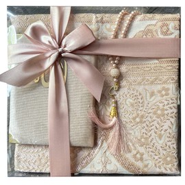 Tekbir Muslim Prayer Rug and Prayer Beads Elegant Complete Islamic Gift Set | Ramadan Gifts | Soft Islamic Prayer Rug | Islamic Gifts | Prayer Mat, Spiritual Gift Box with 50 Surah (PINK)