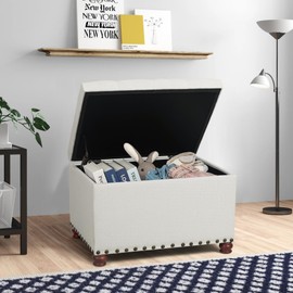 Joveco Storage Ottoman Linen Button Tufted Bench with Rivet, Rectangular Footrest Stool Coffee Table Seat for Living Room Bedroom, Off White