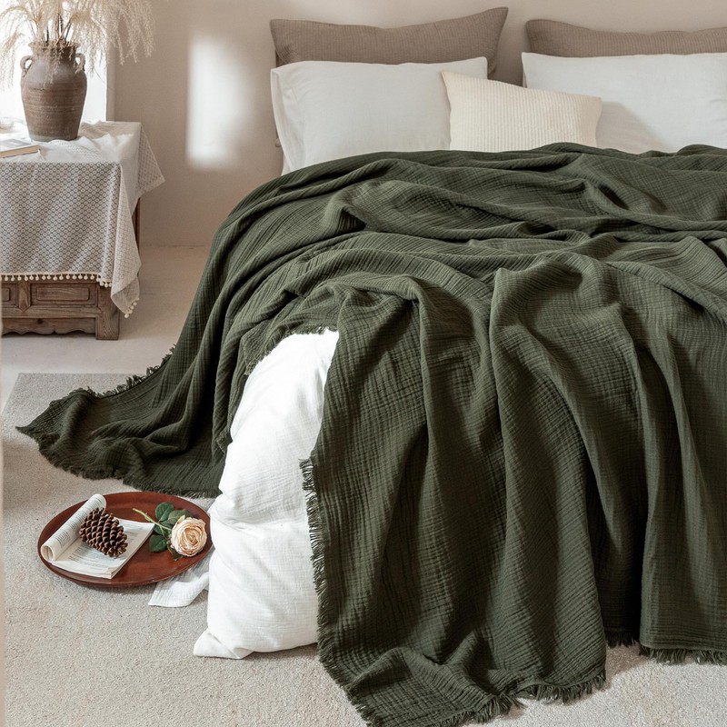 XINJU Muslin Fringe Blankets for Adults: 100% Cotton Cloud Soft