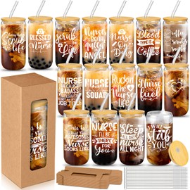 Pickmesh 16 Sets Nurses Appreciation Christmas Gifts Nurses Employee Appreciation Gifts Bulk Includes 16 Pcs 16 oz Glass Cups with Lid Straw and 16 Pcs Gift Boxes Gifts(Vivid)