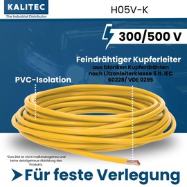 Kalitec 10 m H05V-K 0.75 mm² Yellow Wiring Cable, Flexible Wire Cable, PVC Single Wire, 0.75 mm² Wire, Fine-Strand Wiring, Single Wire, Single Wire, Switch Wire