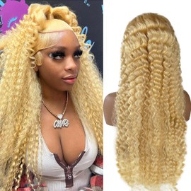 13x6 613 Lace Front Wig Human Hair Pre Plucked Glueless Blonde Deep Wave Wig Human Hair 26 Inch Long Curly Blonde 613 HD Lace Frontal Wig 180% Density Real Hair Lace Wigs for Black Women