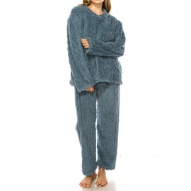 Womens Fleece Fluffy Comfortable Cozy Pajama Set Pullover Lounge Home Warm Wear for Winter Blue
