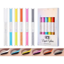 KARLOR 2-in-1 colorful eyeliner pen set, 6 Pcs matte and glitter eye liner penl iquid colored waterproof ultra-fine shimmer neon eyeshadow liquid glitter eye makeup long-lasting