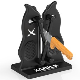 XARILK Edge Kitchen Knife Sharpener – Pull-Through Manual Sharpener with Spring Arms – Tungsten Carbide, Self-Adjusting Angle, Fast Edge Repair for Kitchen, Outdoor, and EDC Knives (Black)